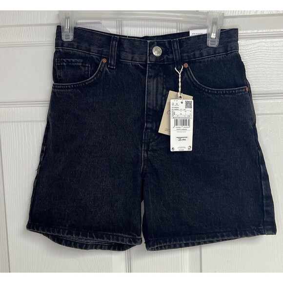 Womens Black Denim Shorts Size 1 Mango MNG Zaida Straight High Waist Summer - Picture 1 of 7